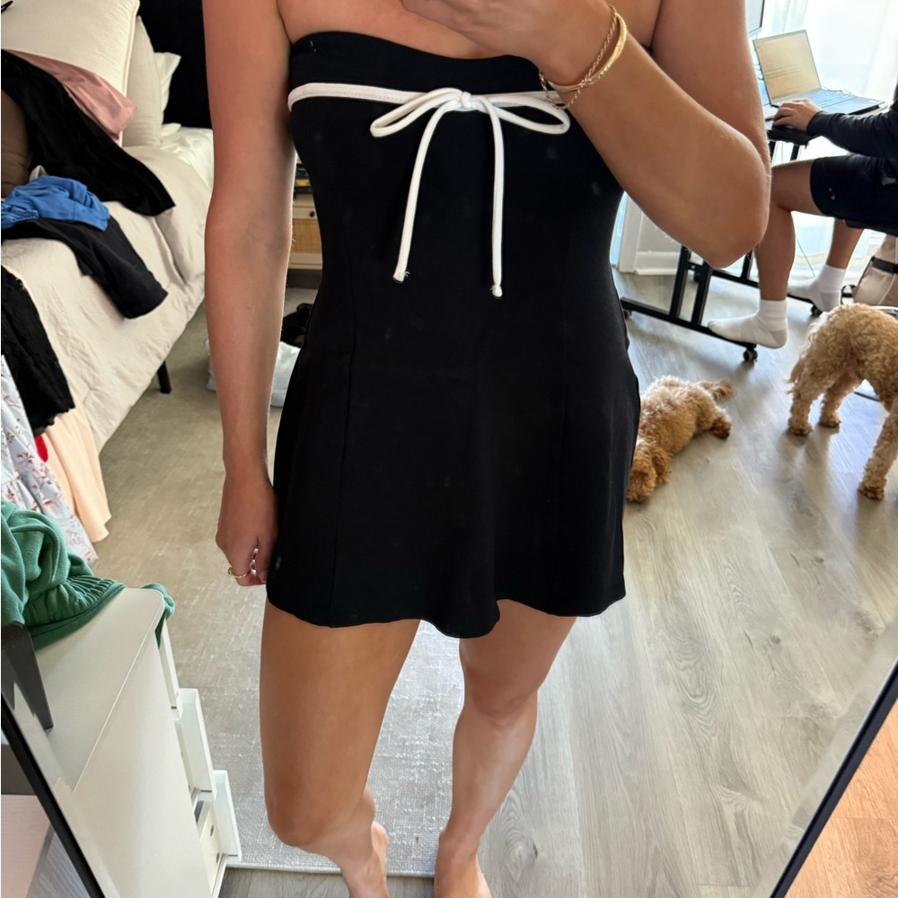 Black Strapless Mini Dress with White Tie Detail